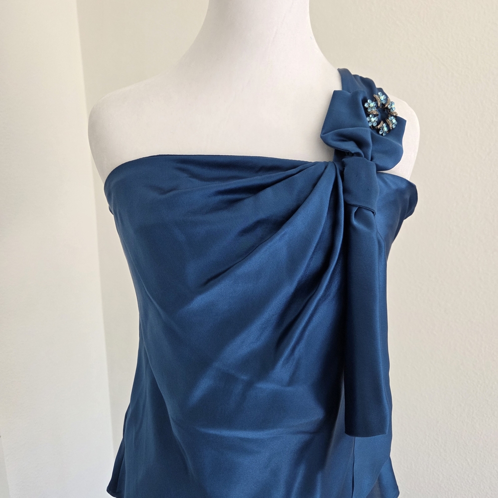 Ann Taylor Teal One-Shoulder Dress with Embellished Bow